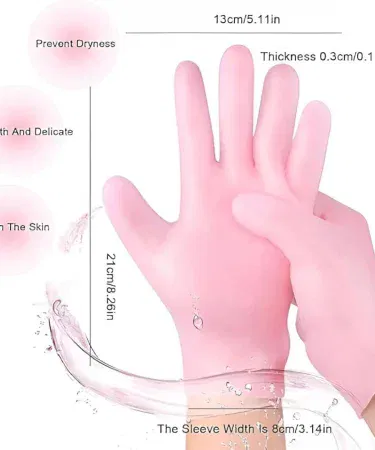 Reusable gel moisturizing silicone hand care gloves showing whitening and exfoliating texture, waterproof design for spa and cleaning use.