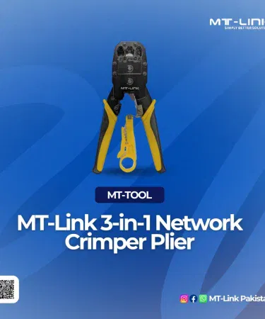 MT‑LINK 3‑in‑1 modular crimping tool with yellow handle, integrated wire stripper and PVC jacket cutter , imagecaption=MT‑LINK 3‑Way Modular Crimping Tool – Yellow, includes RJ45/RJ12/RJ11 punches and wire stripping blade ,
