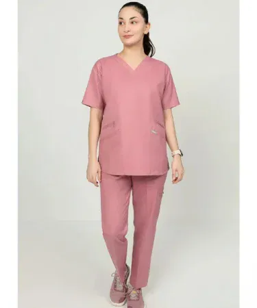 Pink OT doctors scrub suit with V‑shape design, high‑quality breathable fabric for hospital staff