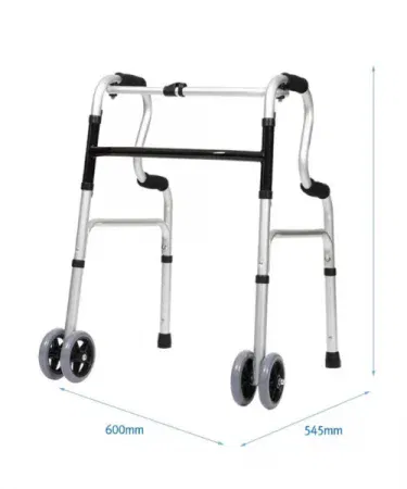 Imported aluminium foldable walker with front double round wheels and 4 swivel castors for seniors and patients, imagecaption=Lightweight height‑adjustable aluminium rollator – perfect for safe mobility.