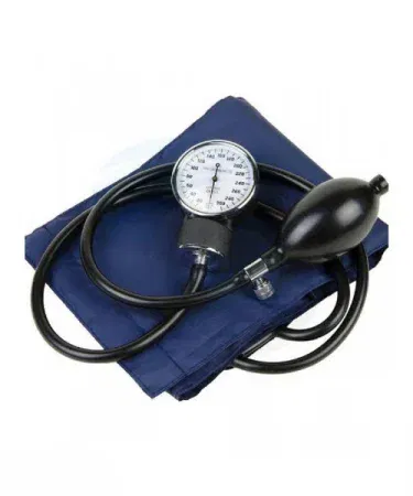BP Apparatus Manual Blood Pressure Monitor with Aneroid Sphygmomanometer and Stethoscope – front view, imagecaption=Complete manual BP kit showing cuff, gauge, inflation bulb and stethoscope,