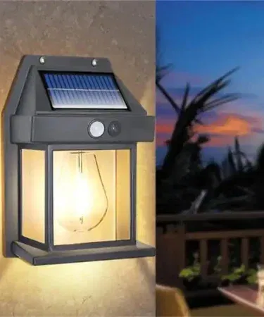 Solar Charge Motion Sensor Waterproof Wall Lamp 888 installed on exterior wall, showing motion‑activated illumination, imagecaption=Solar Charge Motion Sensor Solar Waterproof Wall Lamp 888 – energy‑saving outdoor lighting solution
