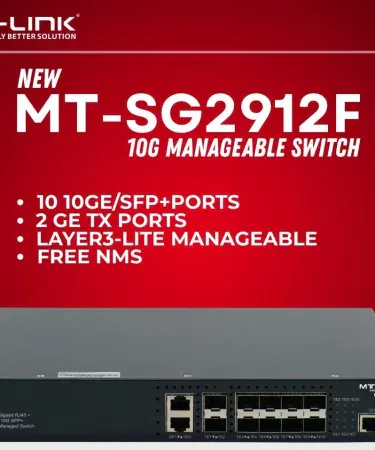 MT‑LINK MT‑SG2912F‑2AC 10G L3‑Lite Stackable Managed Switch front view, imagecaption=MT‑LINK MT‑SG2912F‑2AC 10G L3‑Lite Stackable Managed Switch – dual power supplies, 10 × 10GE SFP+ ports.