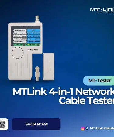 MT‑LINK 4‑in‑1 Network Cable Tester showing LED indicators and beeper, imagecaption=MT‑LINK 4‑in‑1 cable tester – test RJ‑45, RJ‑11, USB & BNC cables with ease,