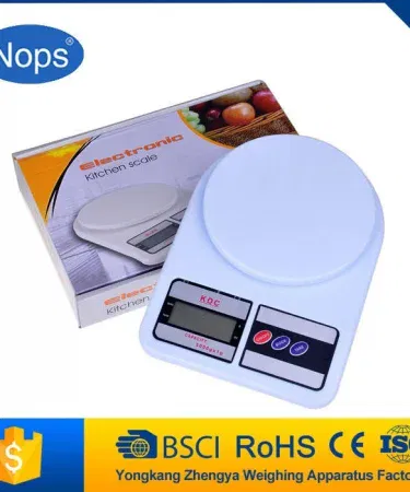 Electronic digital kitchen weight scale with LCD display, stainless steel platform, 5 kg capacity, imagecaption=Premium digital kitchen scale – precise measurements for cooking and baking,