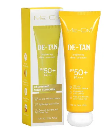 ME‑ON De Tan Brightening Sunscreen SPF‑50+ PA+++ – UV Protection Sunblock Cream for Men & Women, 50 ml, lightweight oil‑control formula