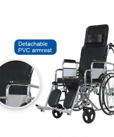 Imported heavy duty full reclining orthopedic bed‑type wheelchair, foldable and durable, shown in a home care setting