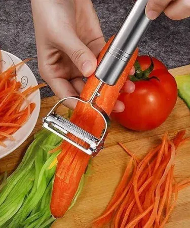 Stainless steel double‑blade julienne and vegetable peeler with ergonomic non‑slip handle, showing both julienne and peeling edges