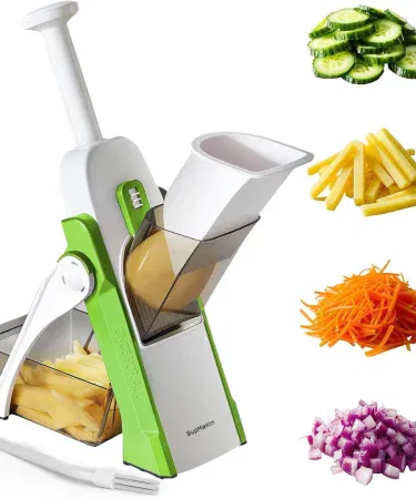 Mandoline vegetable slicer with 5 interchangeable blades, adjustable thickness settings, built‑in container and safety holder for fast kitchen prep