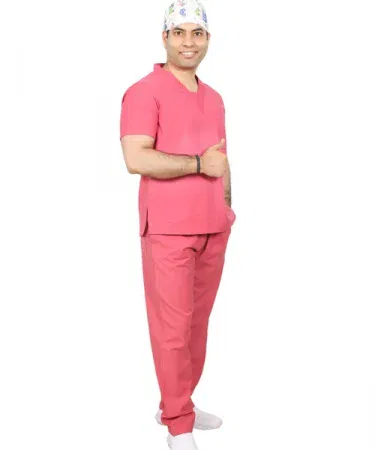 Pink OT doctors scrub suit with V‑shape design, high‑quality breathable fabric for hospital staff