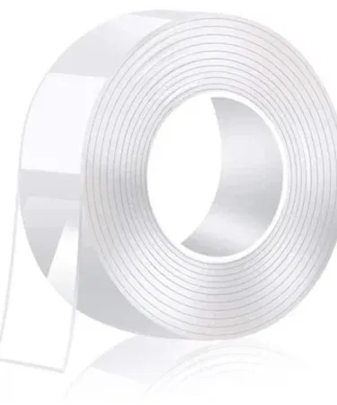 "BOSS TAPE Nano Double Sided Adhesive Tape applied on carpet floor, showing invisible clear adhesion" , imagecaption= "High‑resistance washable reusable carpet tape securing a rug" ,