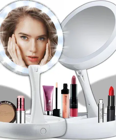 Portable makeup mirror with 10X magnification and LED light – compact travel beauty accessory, imagecaption=Compact LED‑lit 10X magnifying makeup mirror – perfect for on‑the‑go makeup and grooming.