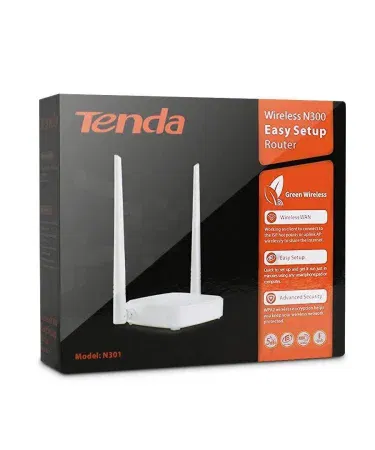 Tenda N301 Wireless WiFi Router and Wi‑Fi Repeater 300Mbps front view, showing two external antennas and LED indicators.