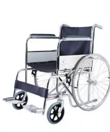 Imported folding wheelchair black and silver lightweight aluminum frame, imagecaption=Imported lightweight folding wheelchair – portable and adjustable – available at Khareedo & Kharedo.