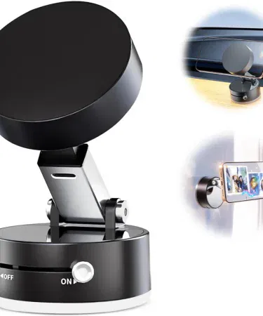 Portable Multi Functional Vacuum Suction Mobile Phone Stand attached to a car dashboard, desk, and kitchen countertop – strong suction grip for all smartphones, imagecaption=Strong suction phone holder for car, desk & home – portable, compact, and universal compatibility.