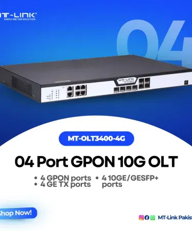 MT‑LINK OLT3400‑4G front view showing 4 GPON ports, 4 GE TX ports and 4 10GE/SFP+ ports