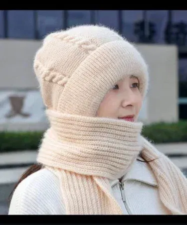 Ladies Winter Cap with Scarf – warm woolen beanie and matching scarf set in random colors, soft knitted winter accessory for women