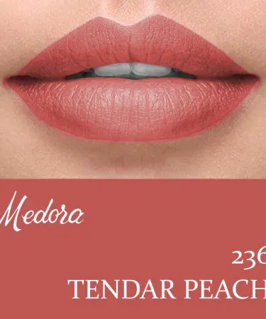 Madora Lipstick Shade 236 Tender Peach - Premium Pakistani Matte Lipstick, imagecaption= Madora Matte Lipstick Shade 236 – Tender Peach – Smooth, Lightweight & Long‑Lasting Formula.
