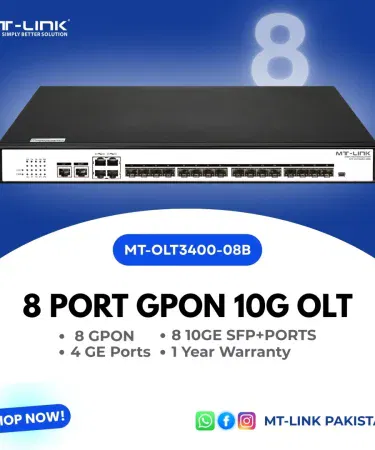 MT-OLT3400-08B-2AC 8‑Port GPON 10G OLT front view , imagecaption=MT-OLT3400-08B-2AC Dual Supply GPON OLT – 8×10G Ports ,