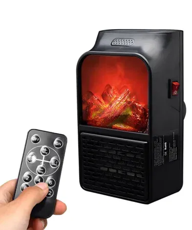 Portable Electric Heater with LED Fireplace Display showing realistic flame effect, compact design for home use