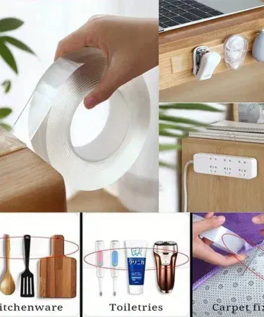 "BOSS TAPE Nano Double Sided Adhesive Tape applied on carpet floor, showing invisible clear adhesion" , imagecaption= "High‑resistance washable reusable carpet tape securing a rug" ,