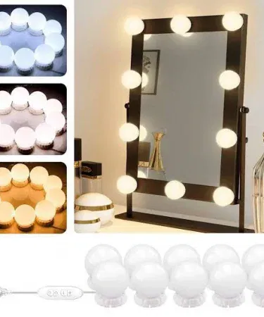 10-bulb USB operated Hollywood vanity light with warm, cool, and natural LED modes on a dressing table