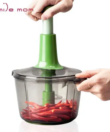 2.0Litre 4‑blade premium meat and vegetable push chopper with stainless steel bowl, showing blades and bowl
