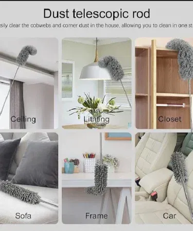 Microfiber duster extension pole with swivel head reaching a ceiling fan, showing the extendable 30‑100 inch pole and washable microfiber cloth