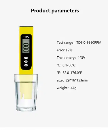 Portable LCD Digital TDS Water Quality Tester showing LCD screen and probe, imagecaption=Compact TDS water tester ideal for aquarium, pool and drinking water testing.