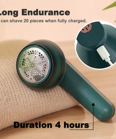 Portable rechargeable lint remover with USB charging and stainless steel blades, perfect for removing fuzz and pills from clothes and fabrics