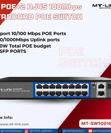 MT‑Link MT‑SW1016PE 16‑port POE switch with 2 Gigabit uplink and 1 G SFP port – front view