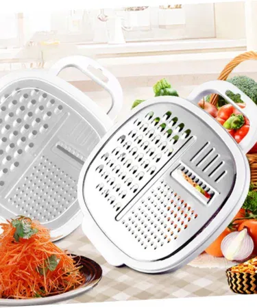 4‑IN‑1 multi grater with compact storage case and plastic safety cover, stainless steel kitchen tool for shredding, slicing and zesting