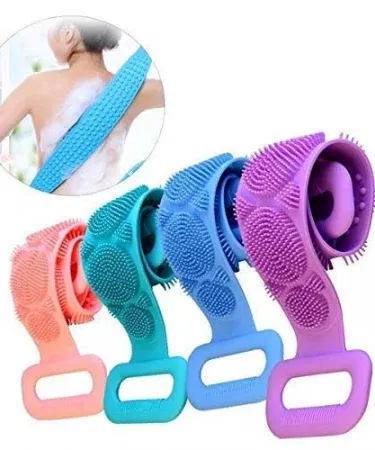 Bath Shower Silicone Body Brush Belt hands‑free exfoliating shower brush with dual‑sided silicone bristles, adjustable belt, quick‑dry design, perfect for sensitive skin and kids, displayed in a modern bathroom. , imagecaption=Hands‑free silicone body brush belt for a spa‑like shower experience – available now on Khareedo | Kharedo.