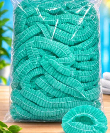 Disposable Bouffant Hair Caps Green – non woven surgical head cover with elastic edge for salon, kitchen, hospital and food industry