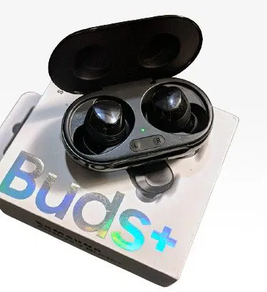 Samsung Galaxy Buds Plus wireless earbuds in black color, imagecaption=Samsung Galaxy Buds Plus – Premium wireless earbuds available at Khareedo|Kharedo,
