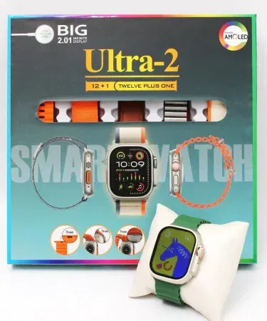 Smart Watch Ultra 12+1 2.01 Big Infinite Display with interchangeable straps on a wrist, showcasing the vibrant 2.01‑inch infinite screen