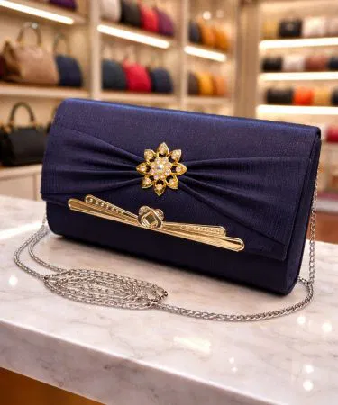 Stylish Velvet Clutch with gold flower clasp and silver chain strap – three elegant designs available, imagecaption=Elegant Velvet Clutch – perfect for soirées and formal events, offered by Khareedo & Kharedo ,