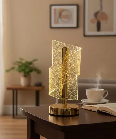 Modern LED Spiral Table Lamp with crystal acrylic design and warm light, imagecaption=Elegant crystal acrylic LED spiral table lamp – perfect for bedroom, living room or office.