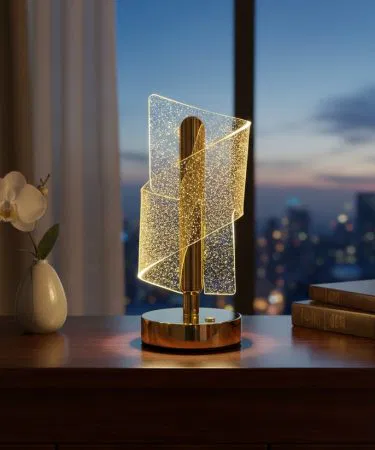 Modern LED Spiral Table Lamp with crystal acrylic design and warm light, imagecaption=Elegant crystal acrylic LED spiral table lamp – perfect for bedroom, living room or office.