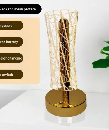 Modern LED Table Lamp with golden base and warm light on bedside table , imagecaption=Luxury decorative LED table lamp – perfect for bedroom, living room & office ,