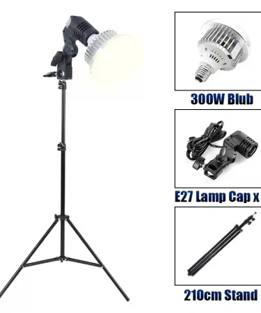 Dimmable two‑color 65W E27 LED photography lighting bulb with remote control for studio softboxes, packaged with holder and 7‑ft light stand, suitable for professional photography setups. , imagecaption=Professional‑grade 65W dual‑color LED bulb (E27) with remote control – perfect for studio softboxes and photography lighting kits.