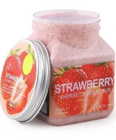 Wokali Strawberry Sherbet Body Scrub 350ml bottle with fresh strawberries and a soft pink background