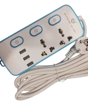 3-socket universal power strip with 3 USB ports and individual switches on a wooden desk, imagecaption=Compact 3‑Socket Power Strip with USB charging ports – ideal for home and office use.