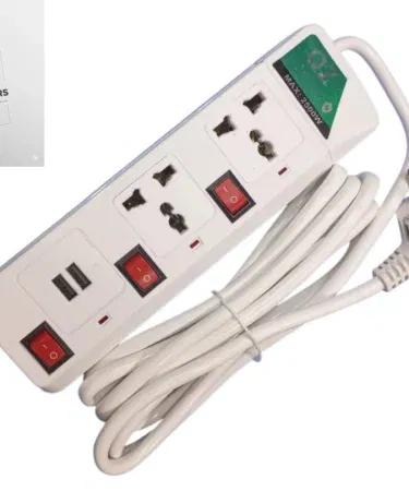 QZ 2500W Universal Power Strip with Dual USB Ports & Individual Switches – high power capacity, universal sockets, LED indicators, red rocker switches
