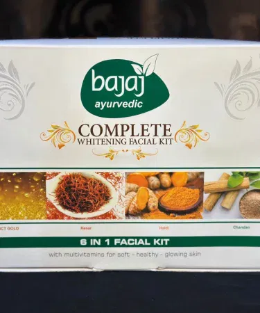 Bajaj Ayurvedic 24CT Gold Complete Whitening Facial Kit – 6‑step herbal facial kit with gold, saffron and turmeric, displayed with product packaging and ingredients