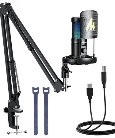 MAONO PM461S USB microphone with adjustable boom arm set for podcasting and streaming, high‑quality condenser mic on desk