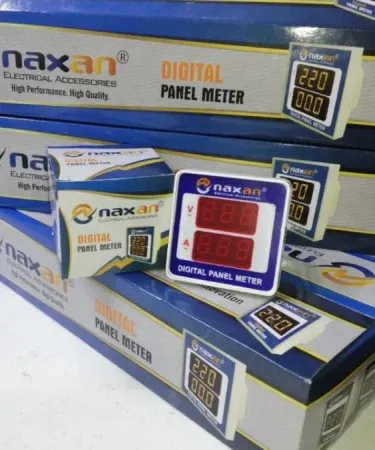 Naxan Square Digital Voltage & Ampere Panel Meter showing dual red LED display , imagecaption=Compact dual‑function digital panel meter by Naxan – ideal for electrical distribution boards ,