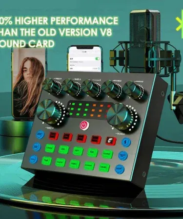 V8s Sound Card with 2 mic inputs, USB interface, black metal design for live streaming and karaoke