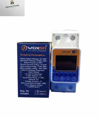Woxsn 63A Smart WiFi Voltage & Leakage Protector – sleek white device with LED indicator and WiFi symbol, mounted on a wall outlet.