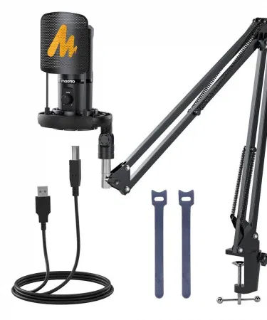 MAONO PM461S USB microphone with adjustable boom arm set for podcasting and streaming, high‑quality condenser mic on desk